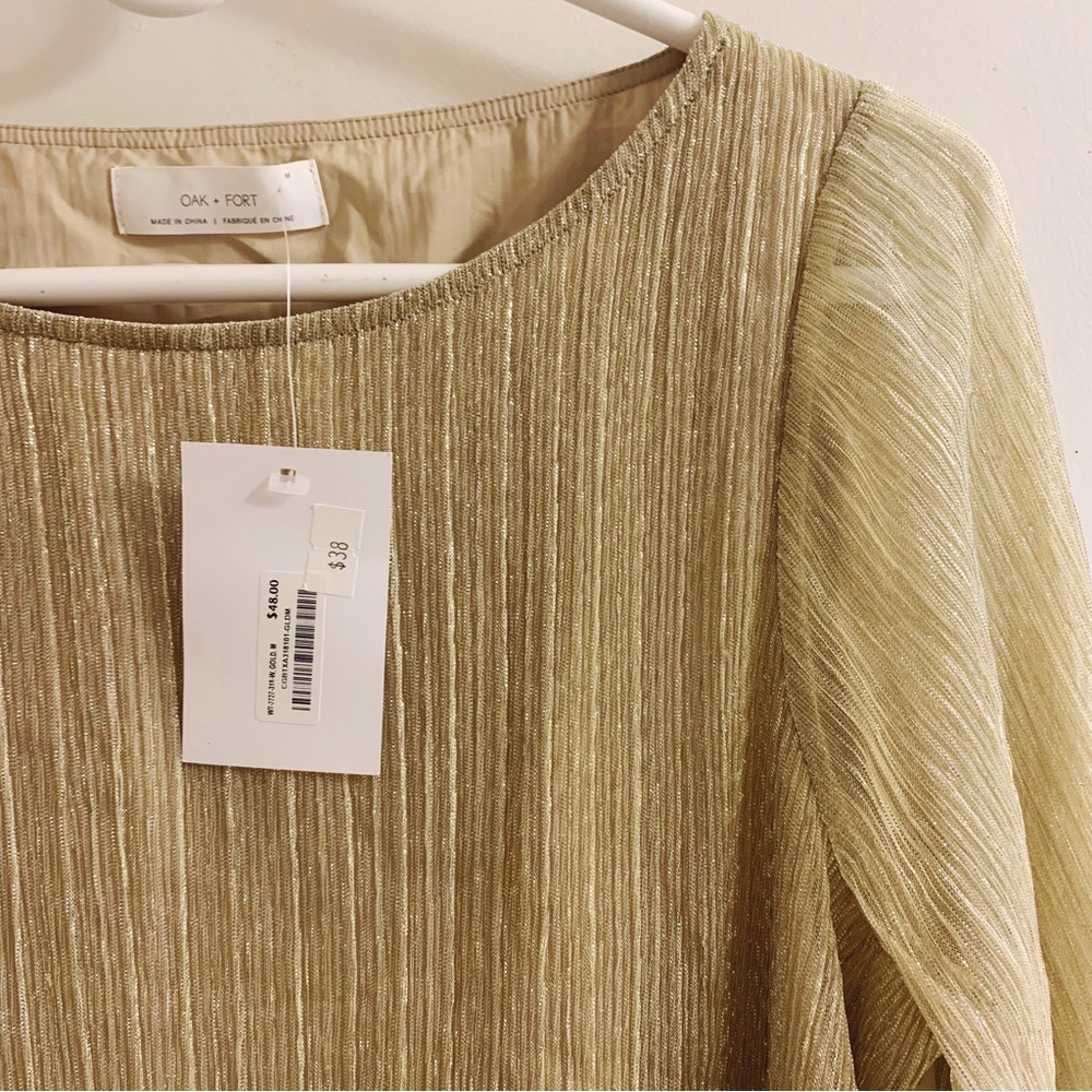OAK + FORT size medium pleated gold blouse with sheer sleeves